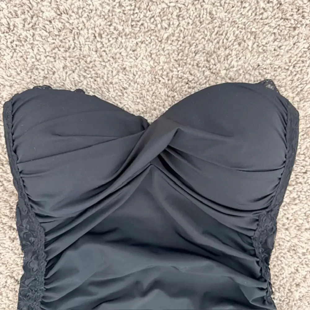 Spanx Tankini Strapless Top Women 10 Black‎ Twisted Front Lace Detail Style 1373